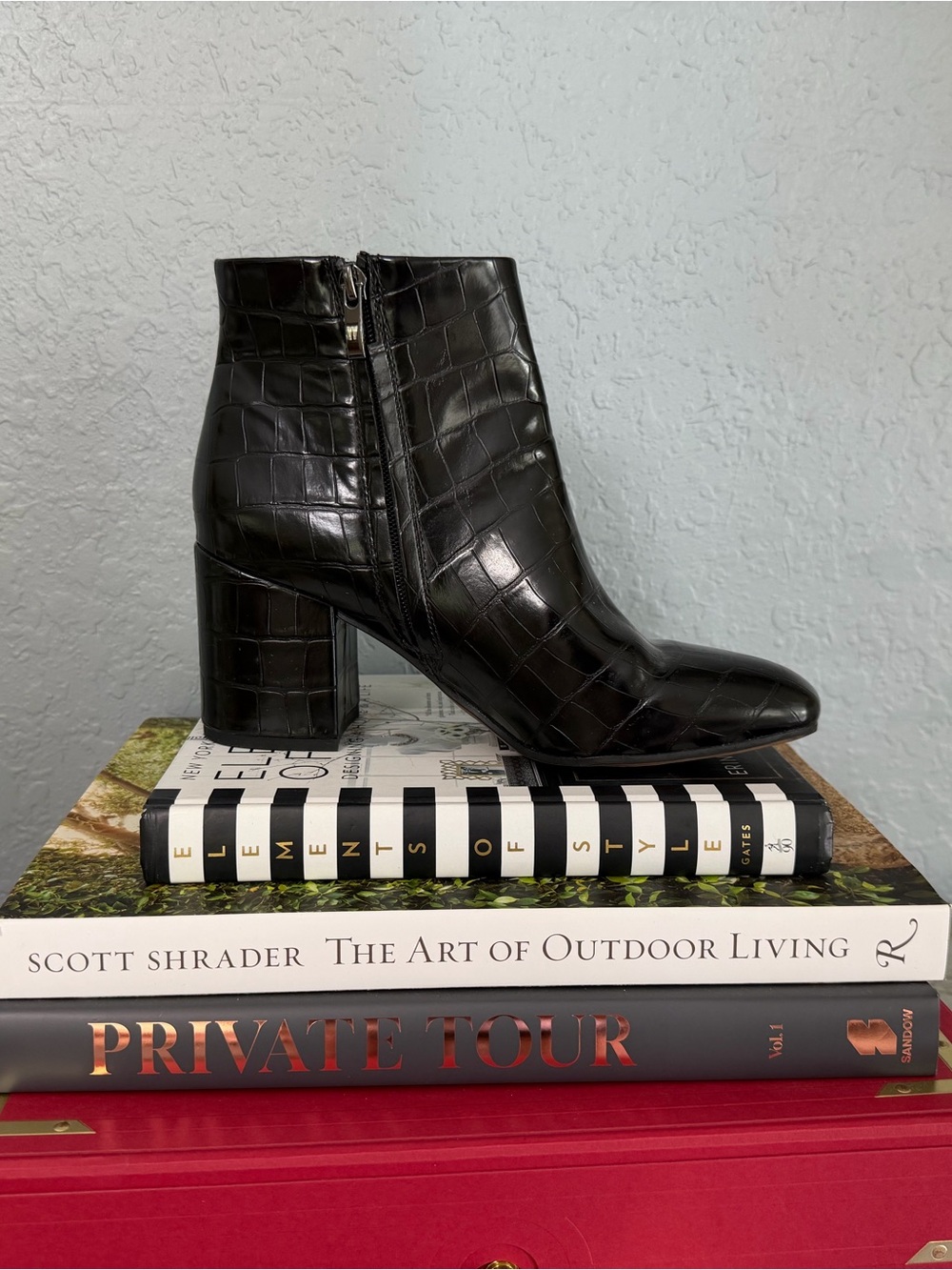 Black Croc-Embossed Block Heel Ankle Boots